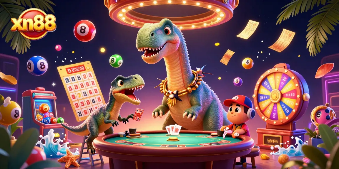 Engage with xn88 in this vibrant casino scene featuring a giant brontosaurus and lively game elements.