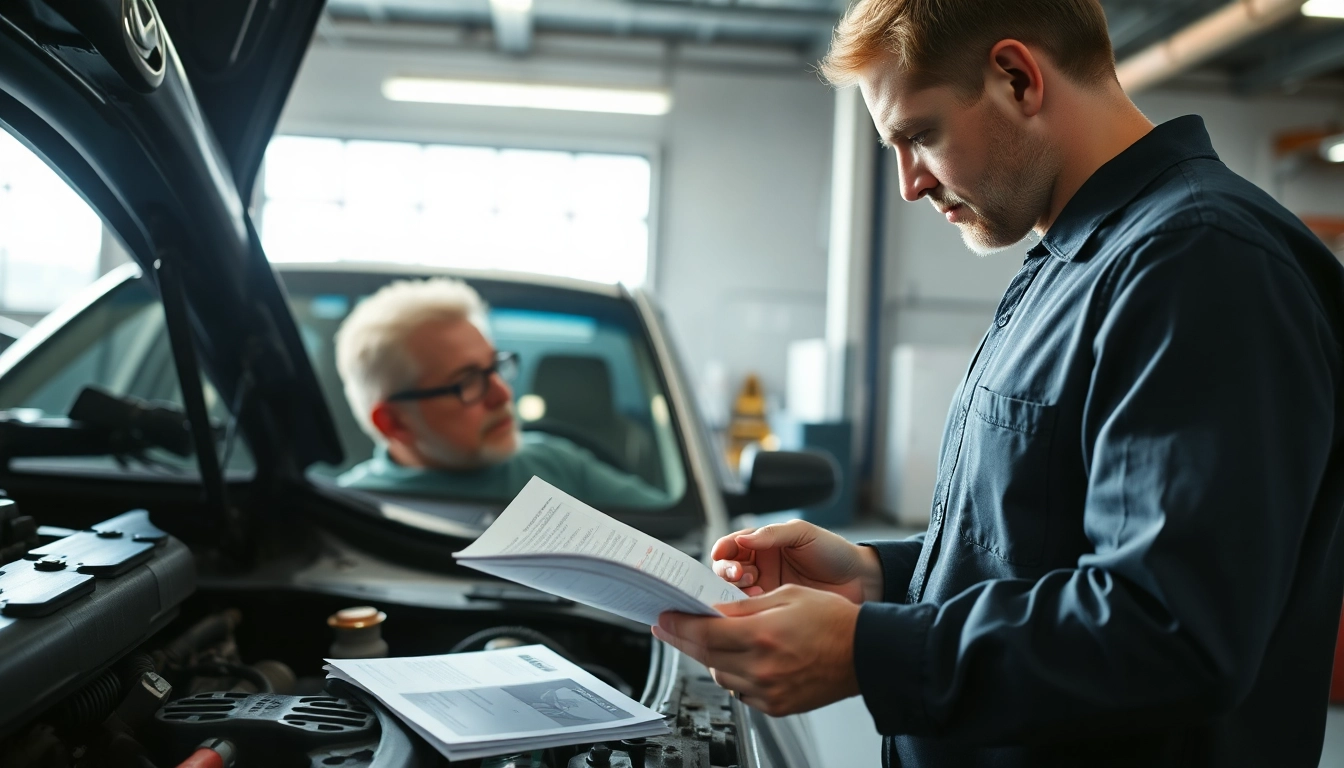 Inspecting the best extended auto warranty for older vehicles during a professional garage check.