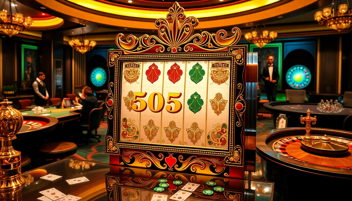 Scatter hitam symbol shining on a luxurious slot machine in an elegant casino setting.
