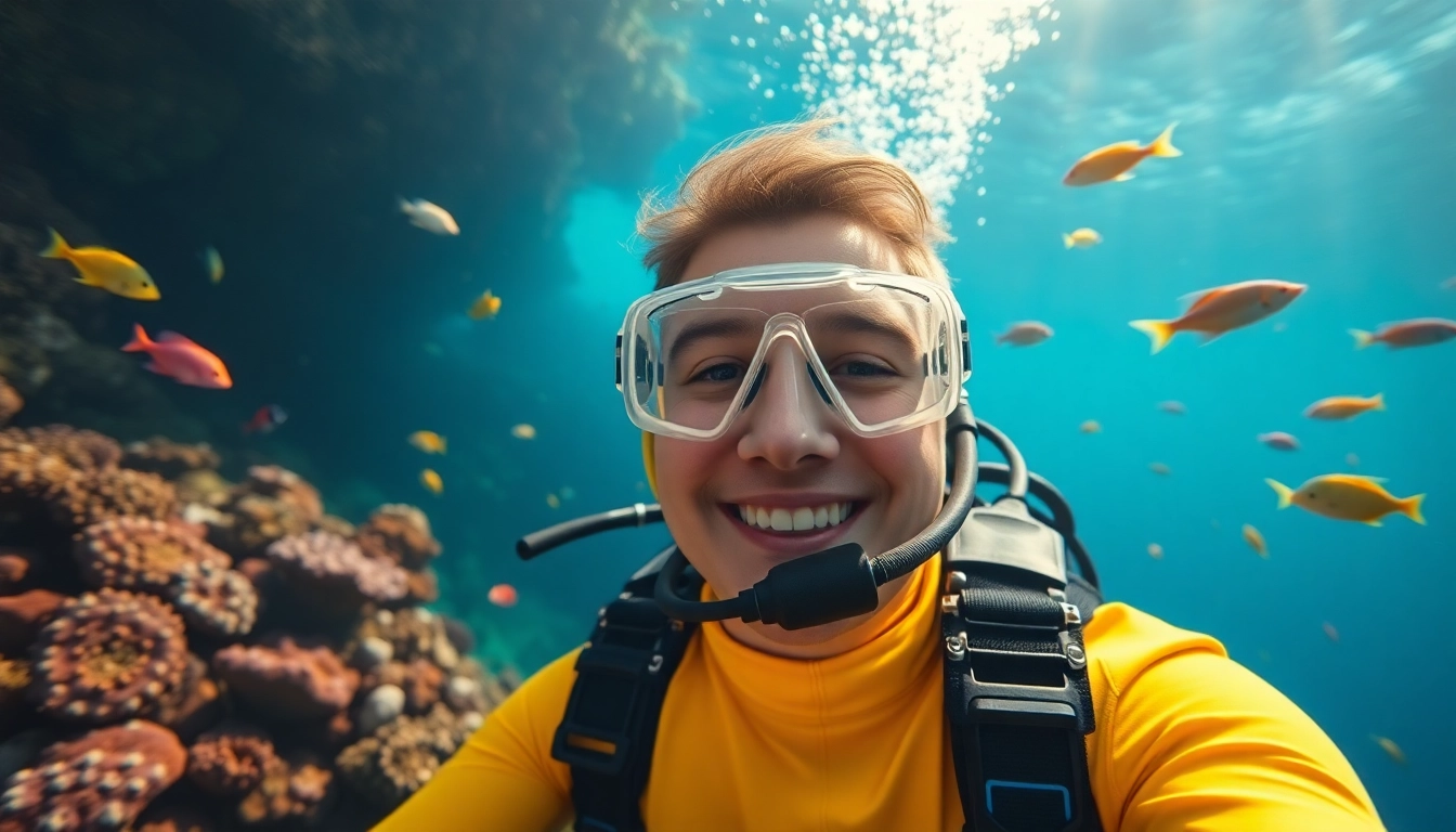 Schnuppertauchen mit lächelndem Taucher in bunten Korallen und tropischen Fischen.