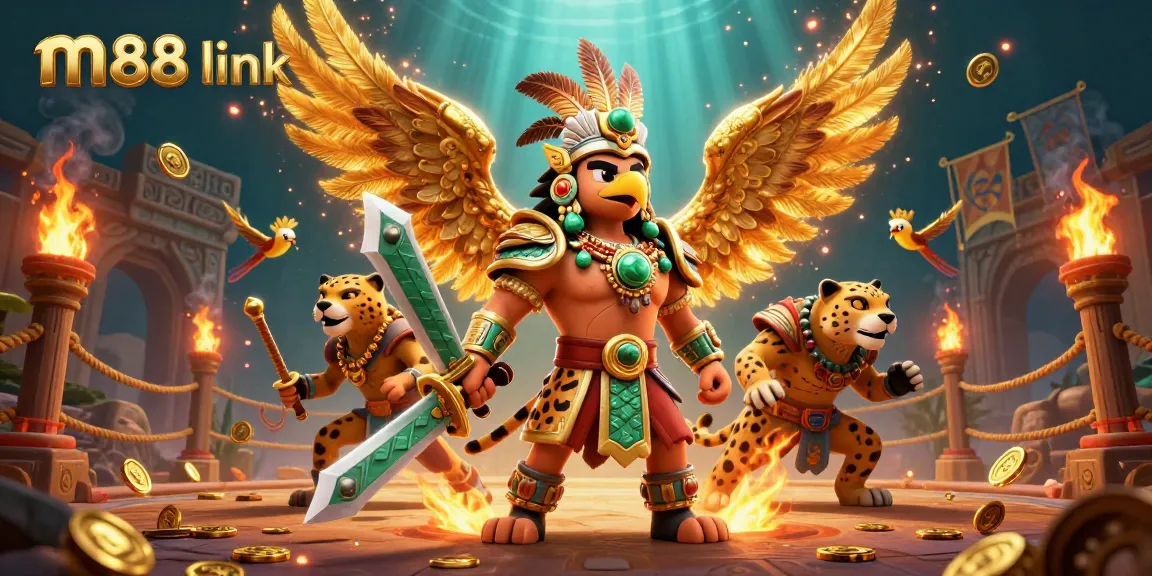 Engage with m88 link in an exciting atmosphere filled with golden coins, epic warriors, and dynamic gambling elements.