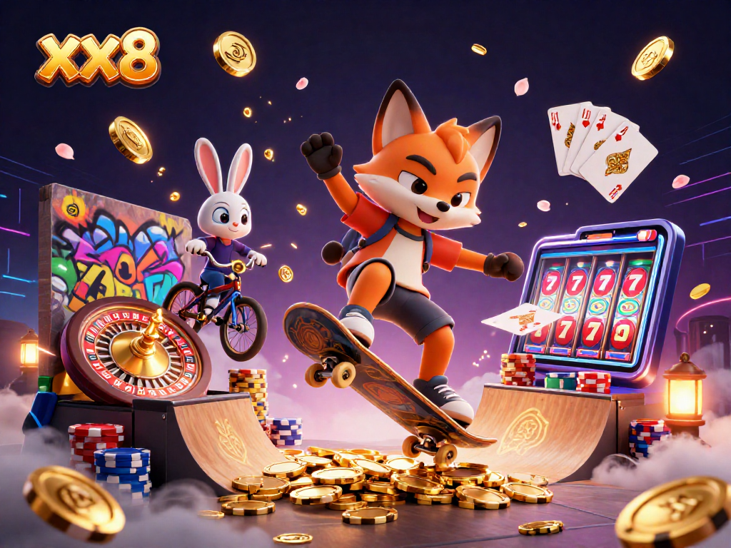 Catch the excitement of xx8 with a dynamic illustration of a skateboarder fox and BMX rabbit performing tricks amidst dazzling casino elements.