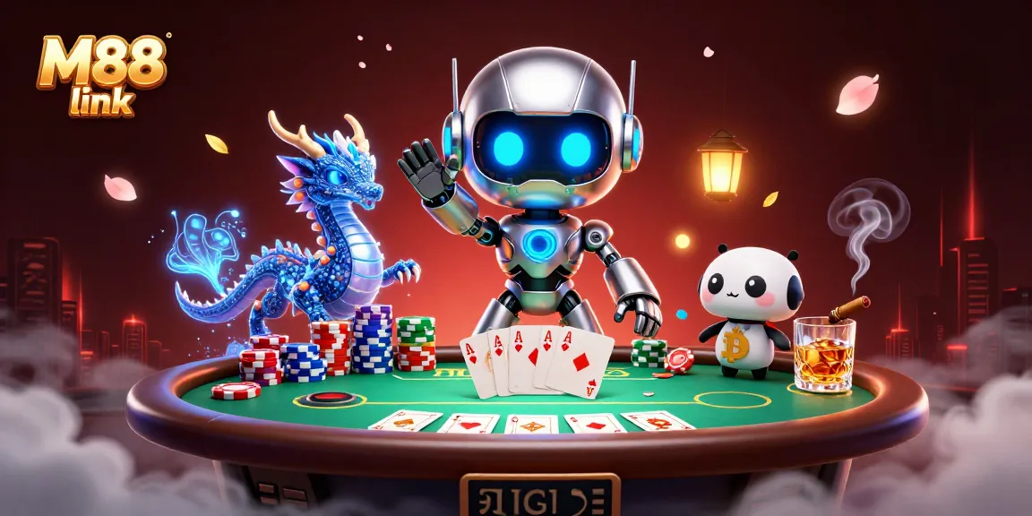 M88 link showcases an exciting scene of a cyberpunk robot, AI dragon, and drone with poker elements.