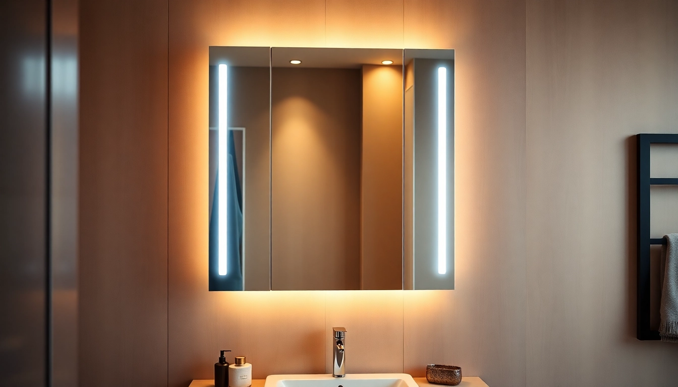 Sonni Spiegelschrank mit integrierter Beleuchtung in modernem Badezimmer-Design präsentieren.