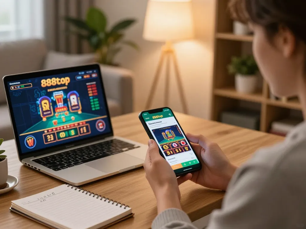 Gambling on the 888top app in a cozy living room setting, showcasing responsible gaming.