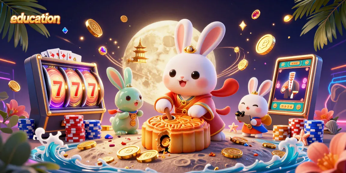 Engage in education through this vibrant casino illustration of a moon rabbit, slot machines, and poker elements.
