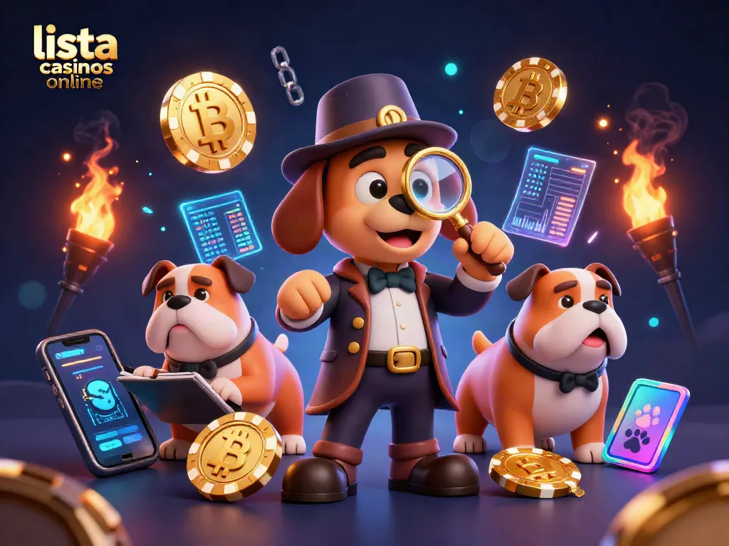 Explora la lista casinos online con un perrito detective examinando pistas de juego.