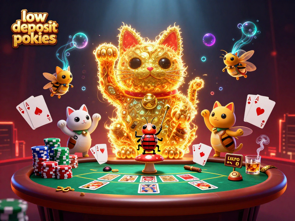 Engage with low deposit pokies featuring a whimsical lucky cat made of fireflies amidst dynamic casino elements.