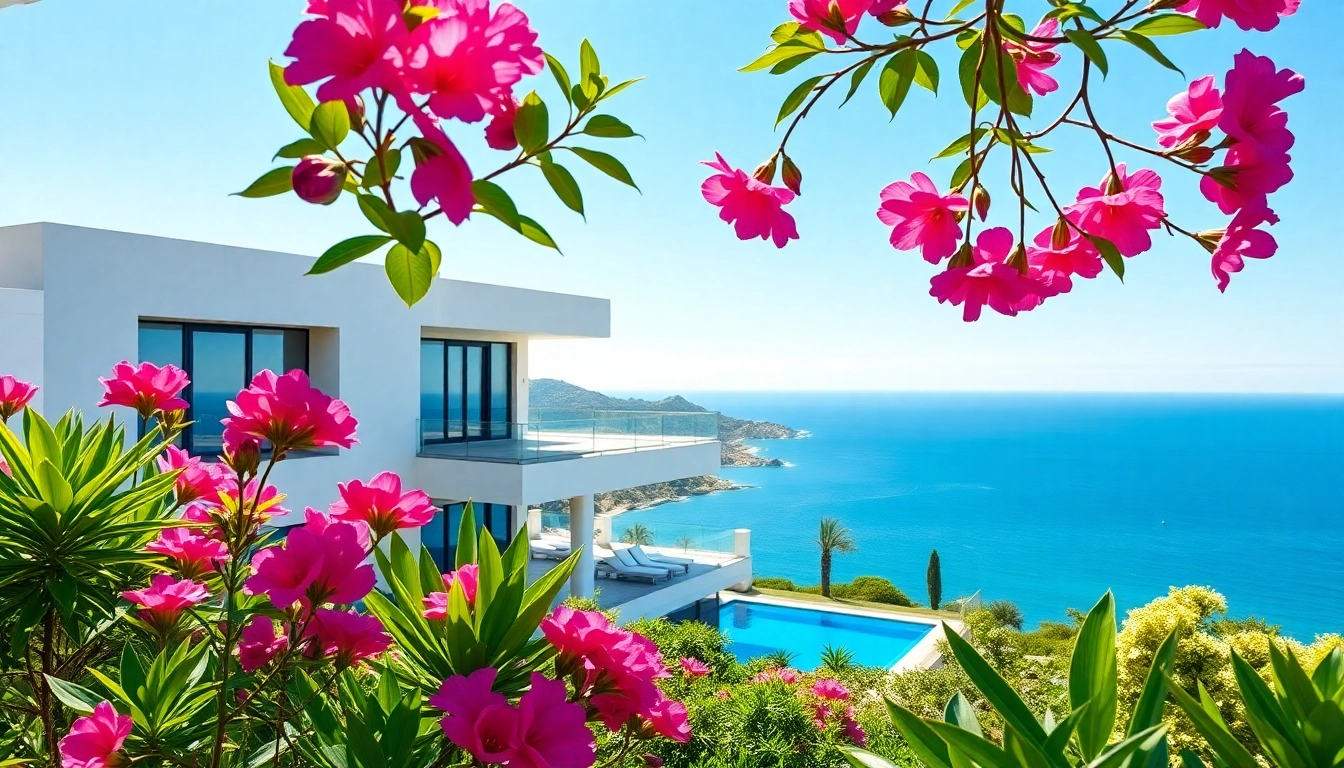 View of Alanya properties Turkey showcasing a modern villa against a beautiful Mediterranean backdrop.