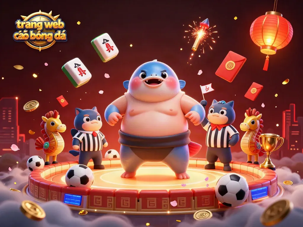 Trang web cá độ bóng đá sôi động với cá fugu, tuyển thủ và các biểu tượng thể thao.