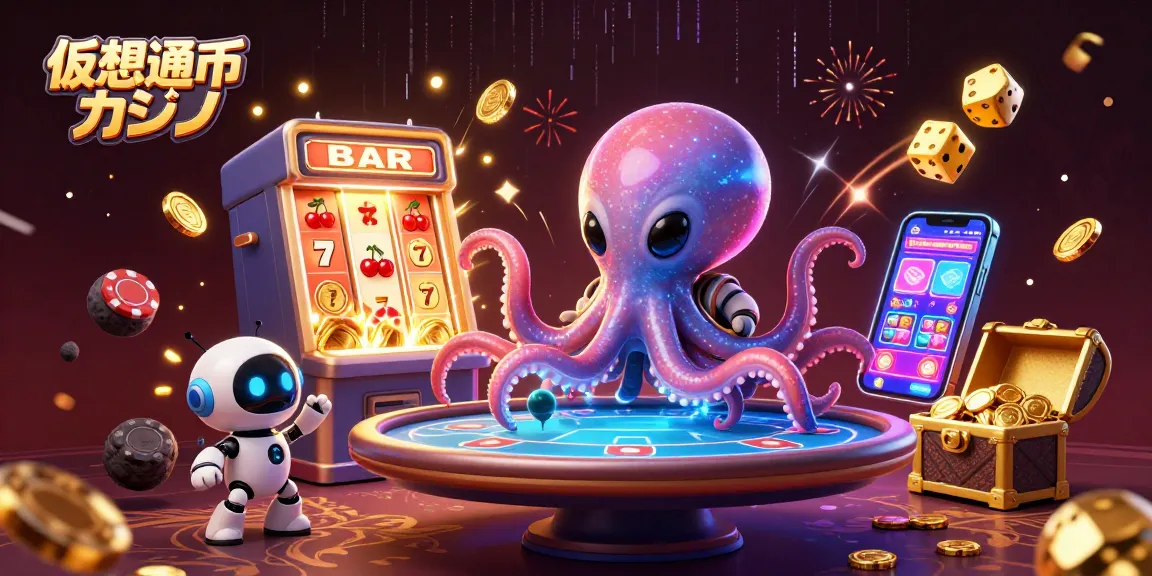仮想通貨カジノの楽しさを体験する3Dイラスト、エイリアンのタコと小さなロボットがポーカーテーブルで遊んでいます。
