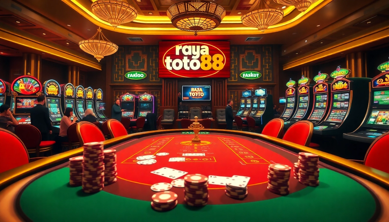 Experience high-stakes gaming at raja toto88's luxurious casino with poker tables and vibrant slots.