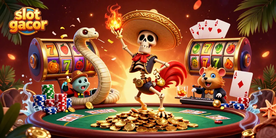 Experience the thrill of slot gacor with vibrant characters dancing amid golden coins and dynamic game elements.