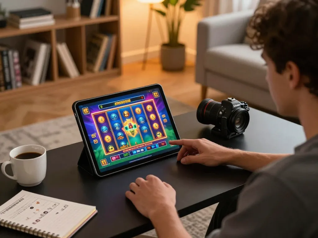 Engaged player spinning slot game on tablet in cozy home gaming setup.