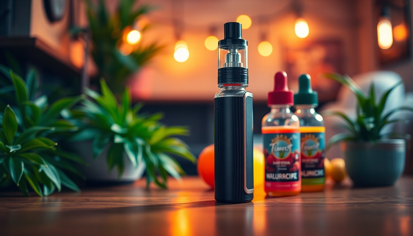 Vape recargable device showcased with colorful e-liquids in a relaxed setting.