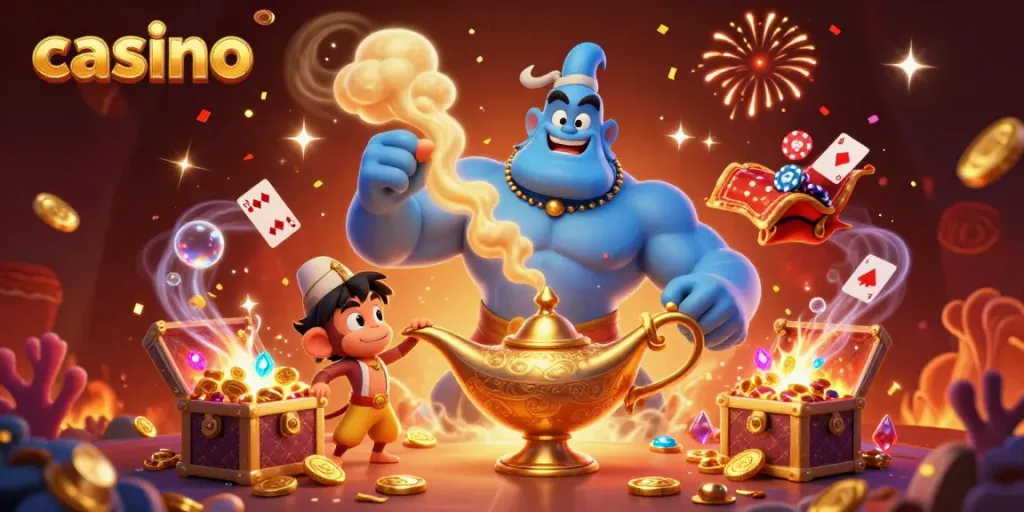 Experience excitement in the casino with a magical genie, flying poker chips, and treasures erupting in vibrant colors.