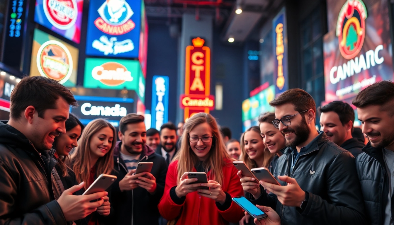 Engaged bettors enjoying Canada sports betting in an urban setting, showcasing excitement.