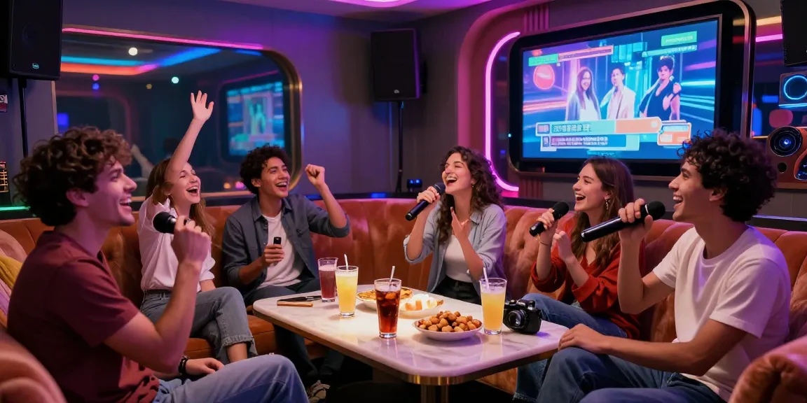 Friends having fun at a karaoke lounge from https://www.gangnamtune.com/, showcasing vibrant lights and luxurious surroundings.