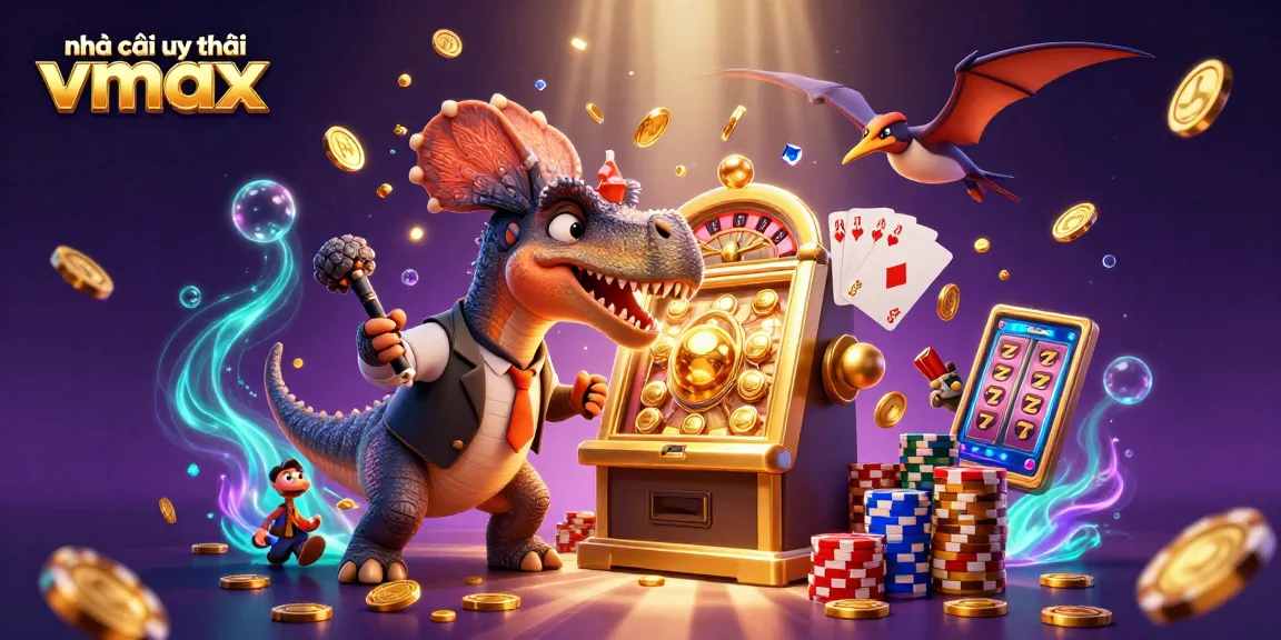 Experience action at nhà cái uy tín Vmax with cartoon dinosaurs in a vibrant casino atmosphere.