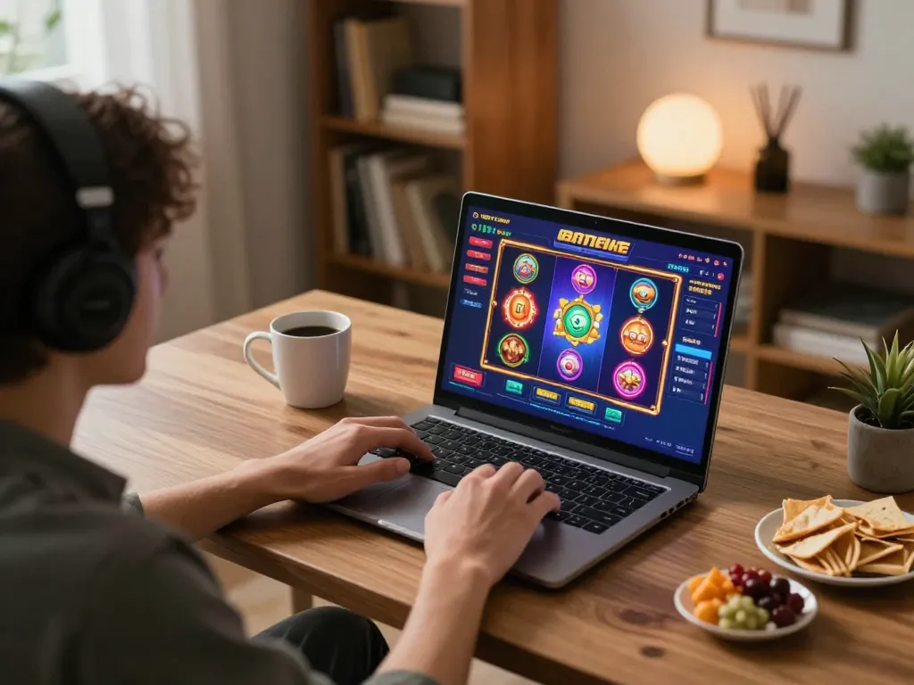 Pengalaman permainan yang menarik di laptop yang menampilkan slot gacor, dengan suasana rumah yang nyaman dan camilan di dekatnya