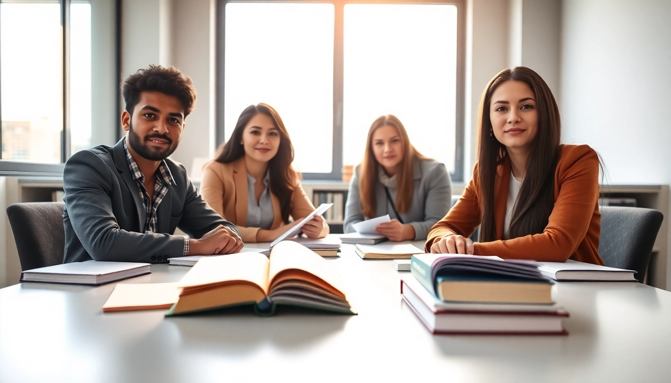 Focused TOEFL test takers for hire preparing for exams with books in a modern study.