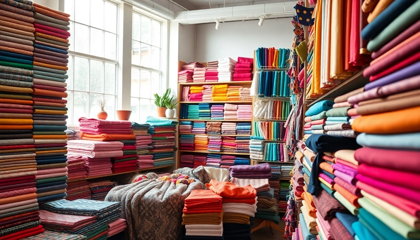 Bekijk stoffen online in een stijlvol stoffenwinkeldesign met diverse kleuren en texturen.