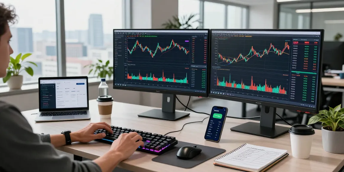 cloud mining company workspace with monitors showing cryptocurrency prices and DeFi platforms, laptops, and security tools.