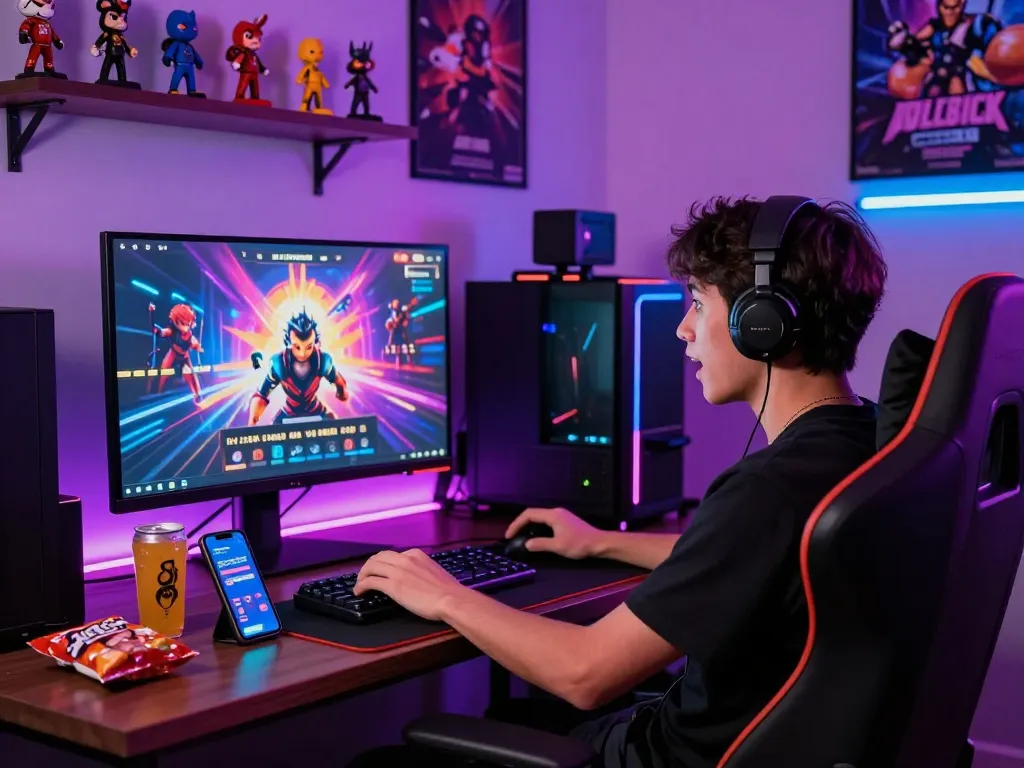 Engaged gamer plays a free porn game on a high-resolution monitor in a vibrant gaming setup.