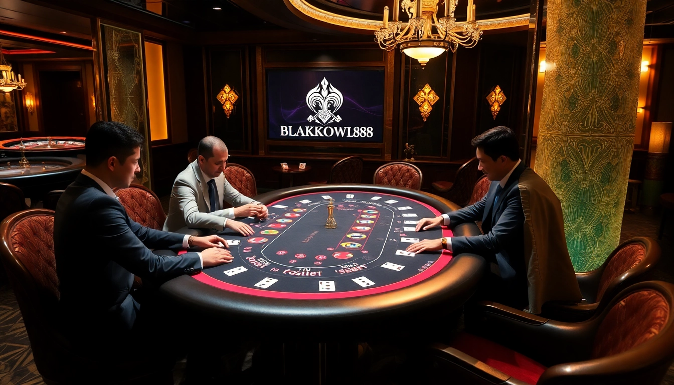 Players enjoying an intense game at BLACKOWL88's poker table, showcasing luxury and excitement.