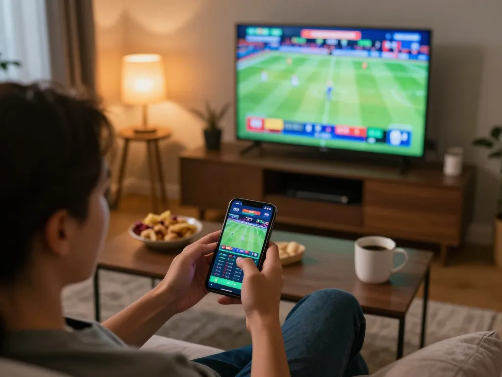 Engaging scene showcasing online sports betting with a user interacting on their smartphone, highlighting เว็บตรง features for streamlined gameplay.