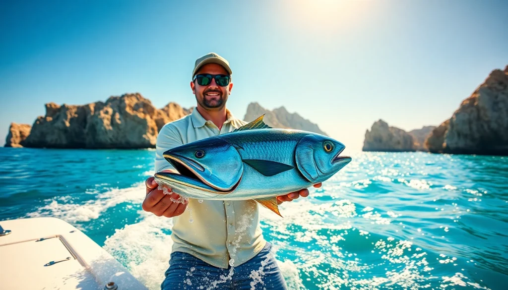 Catching a Wahoo while fishing in Cabo San Lucas with bright ocean reflections.