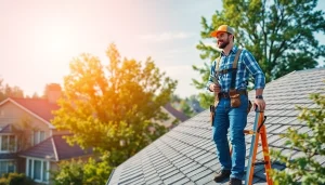 Assessing high-quality roofing solutions with a professional contractor at a suburban home.