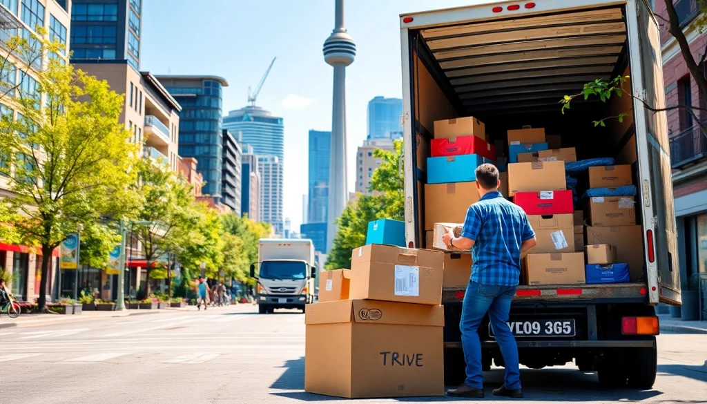 Toronto movers efficiently packing and loading boxes against the iconic Toronto skyline.