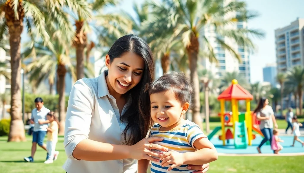 Find a trusted nanny in Dubai engaging happily with children in a sunny outdoor setting.
