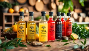 Erlebe die Vielfalt von Oxva Liquid in elegant präsentierten Flaschen auf einem rustikalen Tisch.
