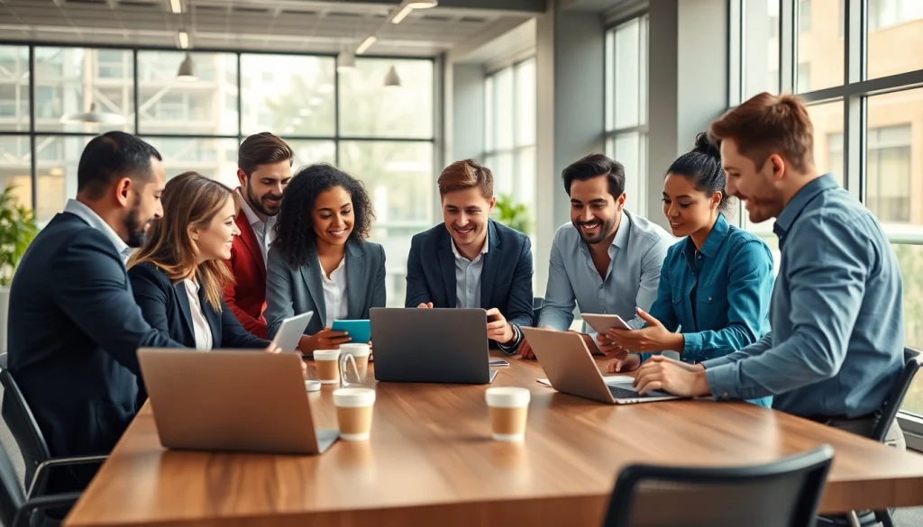 Team brainstorming small business jobs in a vibrant office setting with modern decor.