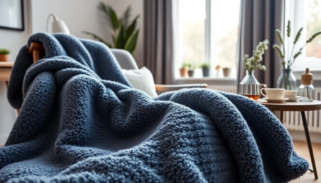 Fleece deken op een moderne stoel met warme kleuren in een sfeervolle woonkamer.