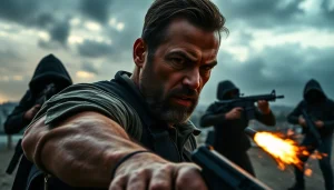 Bayside Boom features an action-packed scene with an ex-Special Forces hero confronting danger in an urban setting.