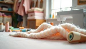 Fleece stof op een naaitafel met kleurrijke garen en gereedschappen eromheen.