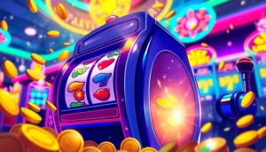 Permainan slot yang menarik dengan koin melimpah dan lampu berkilau.