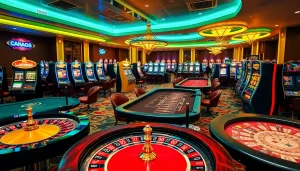 A lively casino scene displaying roulette wheels, poker tables, and players enhancing their KJC AC 3 experience.