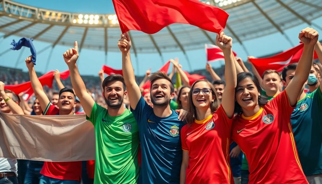 Cheerful fans wearing discount football shirts celebrate at a vibrant football match.