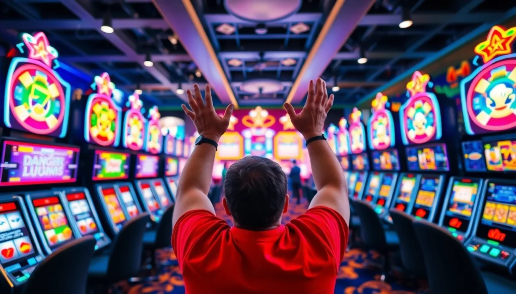 Rayakan kemenangan dalam permainan pakde4d slot dengan suasana kasino yang meriah.