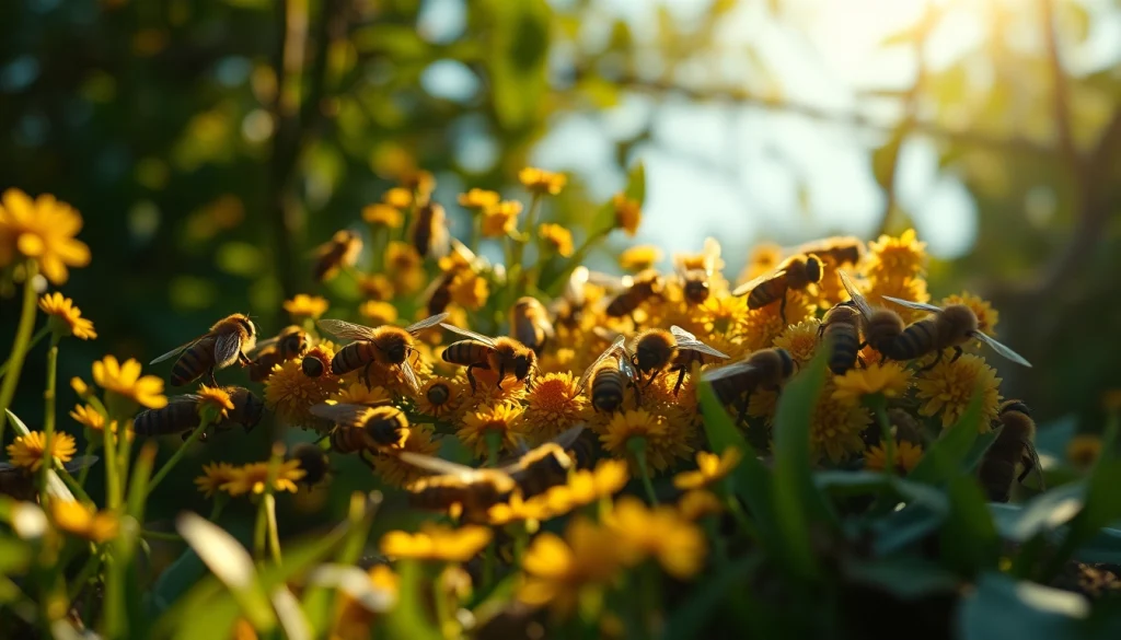 Observa núcleos de abejas trabajando en una colmena rodeada de flores.
