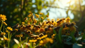 Observa núcleos de abejas trabajando en una colmena rodeada de flores.