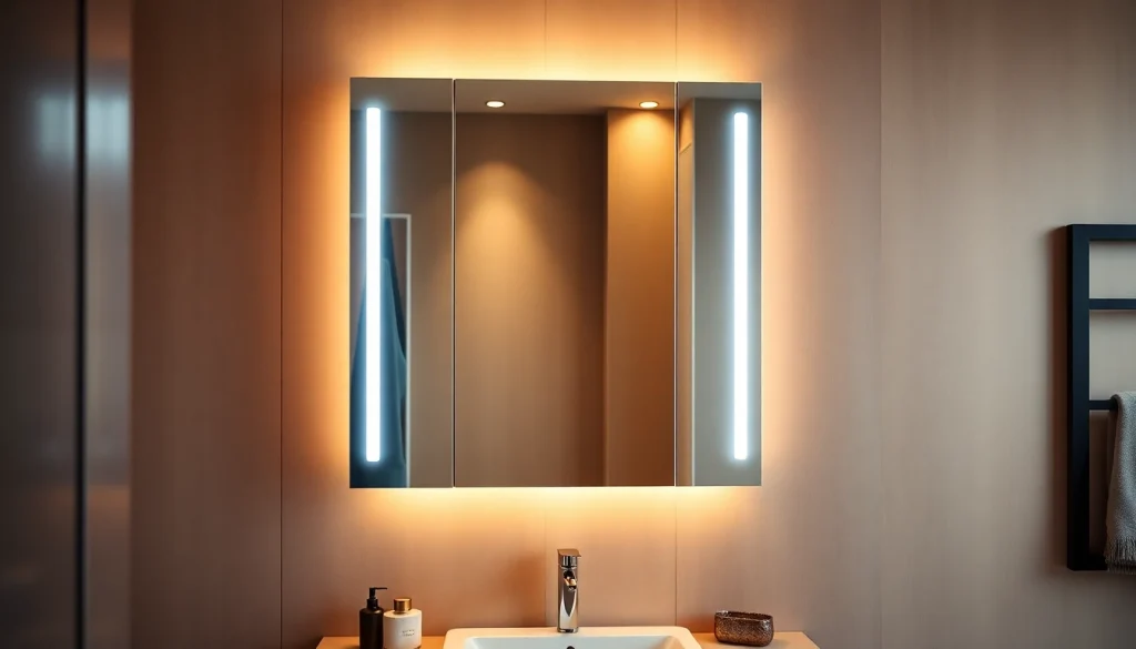 Sonni Spiegelschrank mit integrierter Beleuchtung in modernem Badezimmer-Design präsentieren.