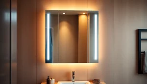 Sonni Spiegelschrank mit integrierter Beleuchtung in modernem Badezimmer-Design präsentieren.