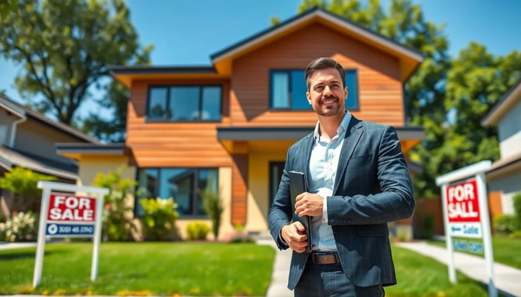 Real Estate agent presenting a modern home for sale in a sunny neighborhood.