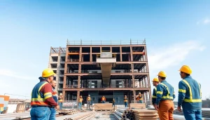 Showcasing structural steel construction with a central beam installation on a bustling construction site.