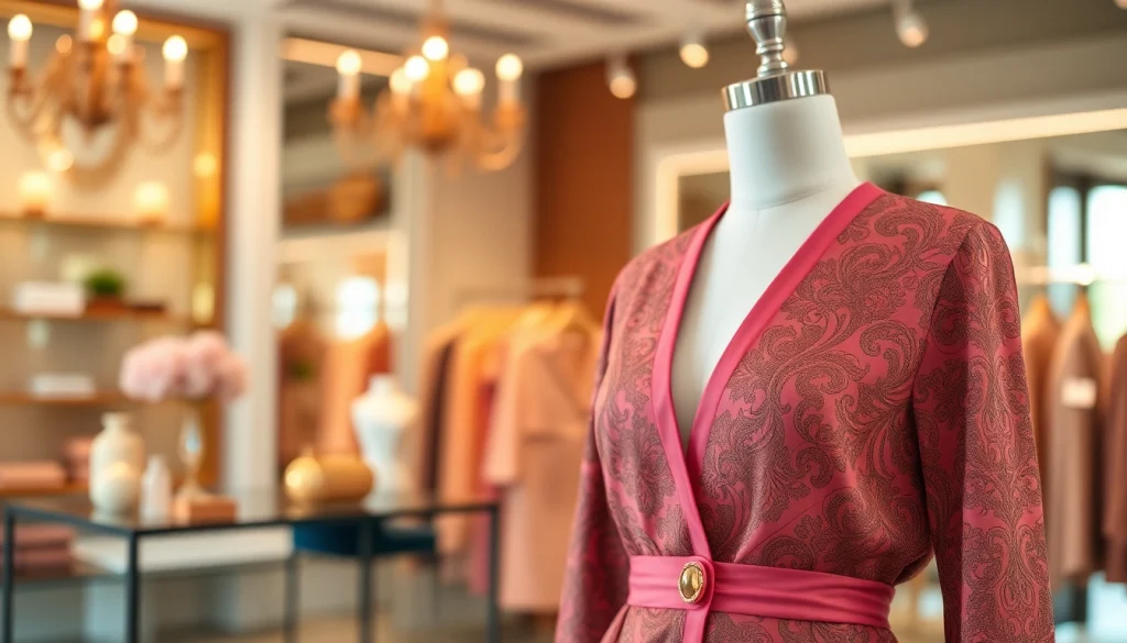 Showcasing the exquisite design details of a Rivelle garment in an elegant boutique setting.